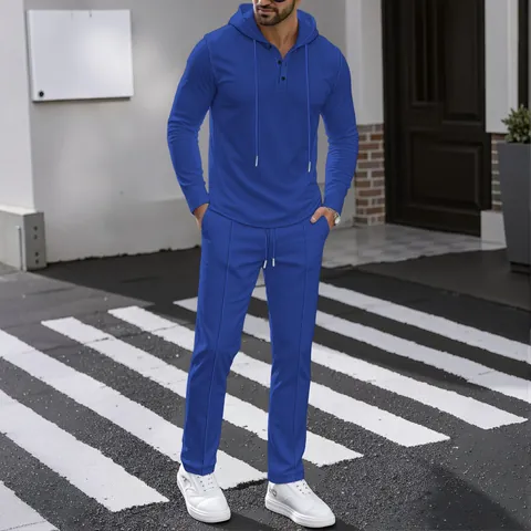 Men's Waffle Knit Sport Casual Hooded Solid Color Long Sleeve Top And Bottom Outdoor Relaxed Fit Polyester Tracksuit
