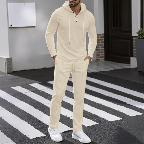 Men's Waffle Knit Sport Casual Hooded Solid Color Long Sleeve Top And Bottom Outdoor Relaxed Fit Polyester Tracksuit
