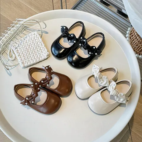 Toddler Girls Mary Jane Princess Shoes Bow Pearl Decor PU Leather Soft Sole Anti-Slip Loafers For School Autumn Casual Shoes