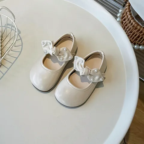 Toddler Girls Mary Jane Princess Shoes Bow Pearl Decor PU Leather Soft Sole Anti-Slip Loafers For School Autumn Casual Shoes