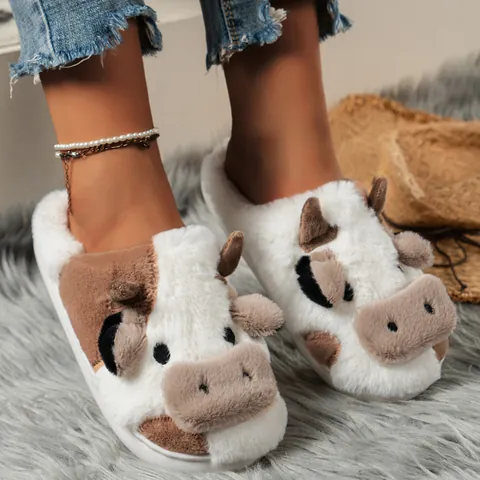 Women Cartoon Cow Plush Indoor Slippers Winter Warm Thick Sole House Shoes Faux Fur Animal Design Non-Slip Soft Cotton Mules