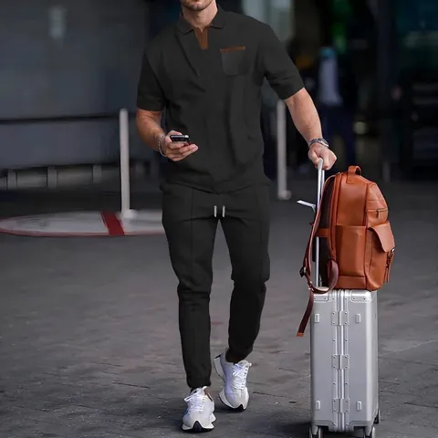 Men's Summer Waffle Knit Casual Suit Set Short Sleeve Polo Shirt and Long Pants Top And Bottom Breathable Solid Apparel