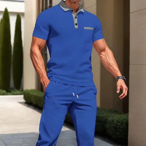 Men Waffle Knit Polyester Top And Bottom Contrast Color Block Lapel Polo Short Sleeve Long Pants Casual Sporty Clothing