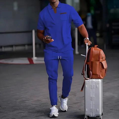 Men's Summer Waffle Knit Casual Suit Set Short Sleeve Polo Shirt and Long Pants Top And Bottom Breathable Solid Apparel
