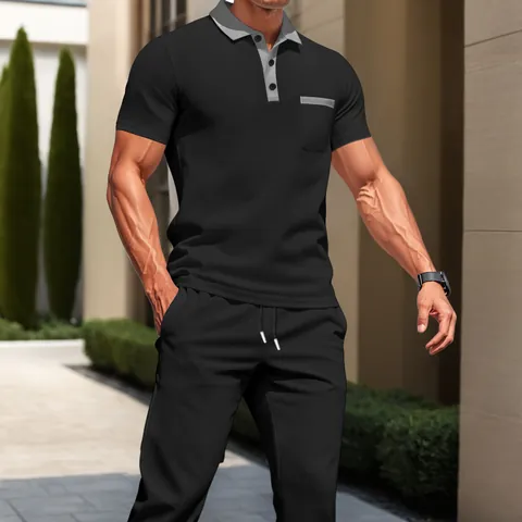 Men Waffle Knit Polyester Top And Bottom Contrast Color Block Lapel Polo Short Sleeve Long Pants Casual Sporty Clothing