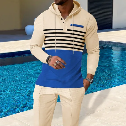 Men's Casual Waffle Knit Hoodie And Bottoms Top And Bottom Pullover Sweatshirt Splicing Long Pants Sportswear Suit