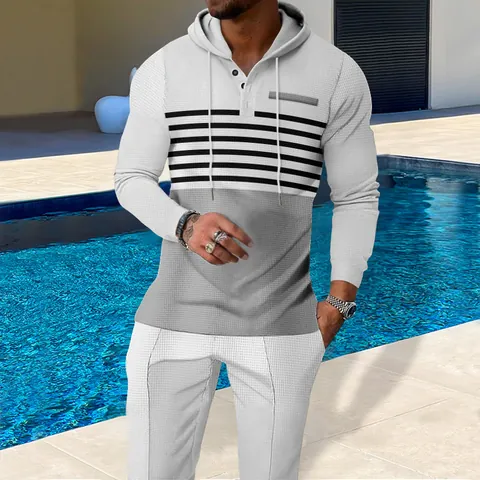 Men's Casual Waffle Knit Hoodie And Bottoms Top And Bottom Pullover Sweatshirt Splicing Long Pants Sportswear Suit