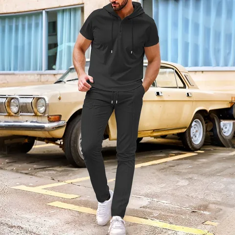 Men's Waffle Knit Hooded Short Sleeve Top And Bottom Casual Sporty Two Piece Tracksuit Set For Summer Streetwear