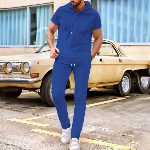 Men's Waffle Knit Hooded Short Sleeve Top And Bottom Casual Sporty Two Piece Tracksuit Set For Summer Streetwear