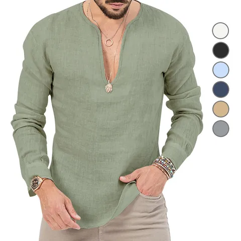 Men Cotton Linen Henley Shirt Solid Color Deep V-Neck Slim Fit Long Sleeve T-Shirt Casual Tropical Beach Vacation Top