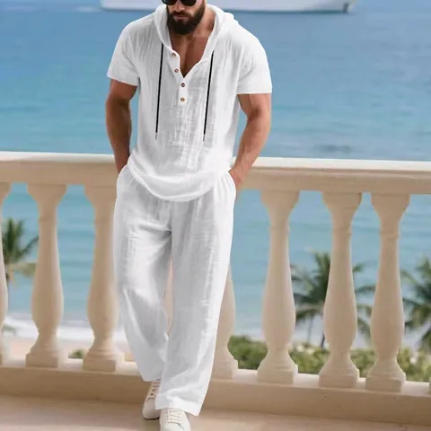 Men's Linen Blend Casual Suit Set Hooded Short Sleeve Henley Top And Bottom American Minimalist Summer Beach Vacation Outfit