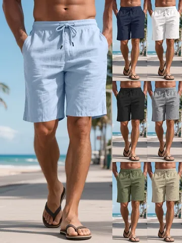 Pantaloncini da Spiaggia in Poliestere Effetto Lino da Uomo Estivi Pantaloncini a Cinque Punti Casual Traspiranti con Coulisse