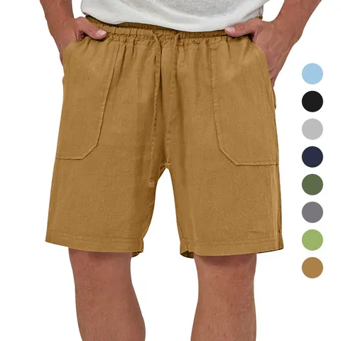Men Casual Summer Cotton Linen Shorts Drawstring Elastic Waist Loose Sport Shorts Solid Color Multi Pockets Bottoms Men Summer Clothing