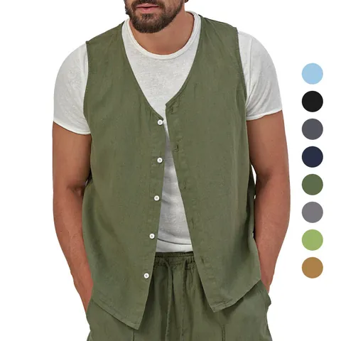 Men's Casual Linen Vest Summer Thin V-Neck Sleeveless Button Down Waistcoat Solid Color Breathable Top For Men Teenagers