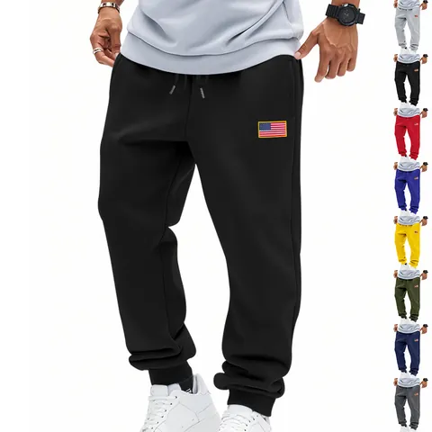 Men Loose Sweatpants American Flag Patch Joggers Drawstring Waist Casual Sports Pants Solid Color Polyester Spandex Trousers