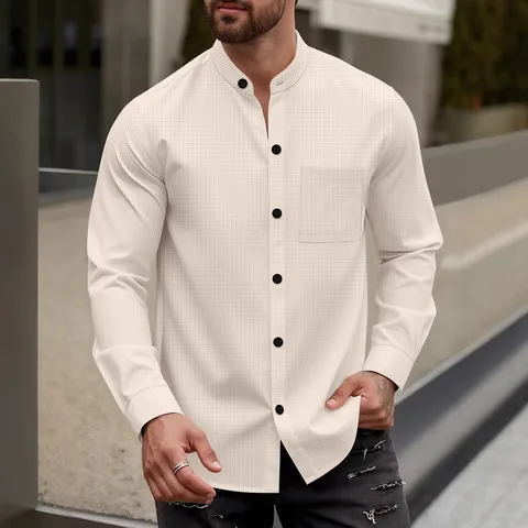 Men's Waffle Knit Shirt Stand Collar Long Sleeve Top Solid Color Button Down Casual Fall Minimalist Polyester Apparel Clothing