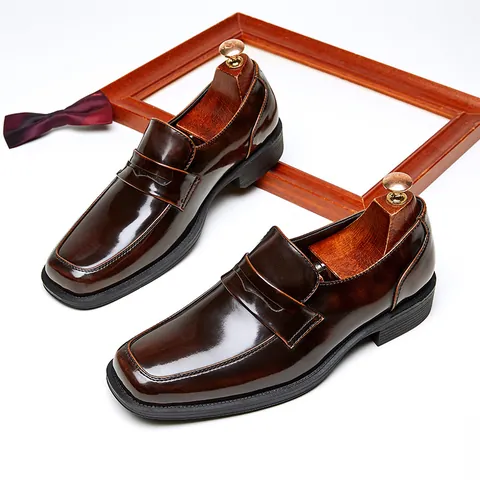 Men's British Style Glossy PU Leather Loafers Square Toe Business Casual Slip-on Formal Dress Shoes Black Coffee Brown