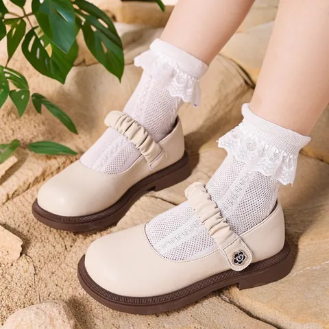 Girls Mary Jane Leather Shoes Split Cowhide Rhinestone Flower Ruffle Strap Non-slip Soft Sole Princess School Shoes