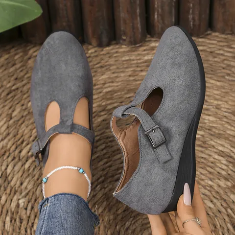 Women Pointed Toe Wedge Loafers Faux Suede T-Strap Mary Jane Shoes Autumn Comfort Casual Slip On Work Pumps