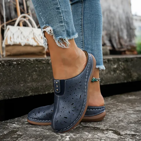 Women Mules Sandals Laser Cut Hollow Out Floral Pattern Metal Studs PU Leather Summer Closed Toe Slippers Clogs Casual Outdoor Beach Shoes