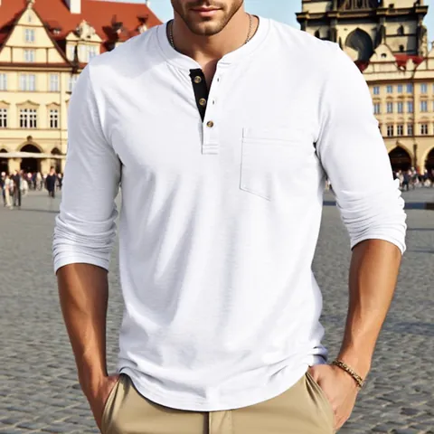 Men's American Vintage Henley Long Sleeve T-Shirt Polyester Solid Color Casual Top With Pocket Retro Style Basic Undershirt
