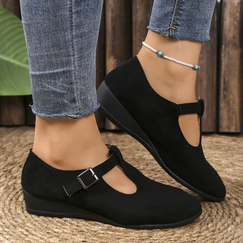 Women Pointed Toe Wedge Loafers Faux Suede T-Strap Mary Jane Shoes Autumn Comfort Casual Slip On Work Pumps