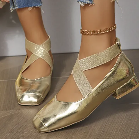 French Style Large Size Women Mary Jane Flats Square Toe Cross Elastic Straps Fashion Metallic PU Ballet Dress Shoes