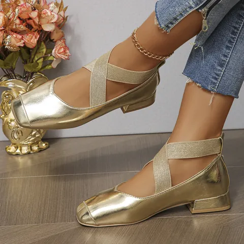 French Style Large Size Women Mary Jane Flats Square Toe Cross Elastic Straps Fashion Metallic PU Ballet Dress Shoes