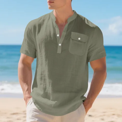Men's Linen T-Shirt Summer Short Sleeve Henley Shirt Loose Fit Casual Solid Color Breathable Workwear Utility Top