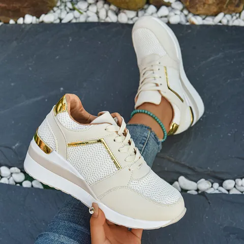 Women Wedge Sneakers Thick Sole Casual Shoes Breathable Mesh Lace Up Plus Size Sneakers For Women Autumn Fashion Sport Shoes