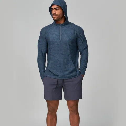 Men's Quick Dry Fitness Hooded Sport Jacket Half Zip Long Sleeve Running Training Hiking Heathered Top Activewear