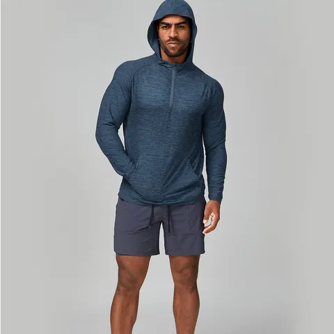 Men's Quick Dry Fitness Hooded Sport Jacket Half Zip Long Sleeve Running Training Hiking Heathered Top Activewear