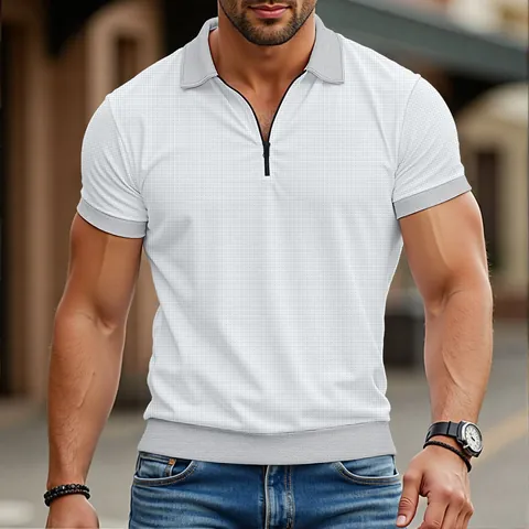 Men's Waffle Knit Polo Shirt Casual Color Block Short Sleeve Top With Zipper Placket Slim Fit Summer Fashion Male Tee