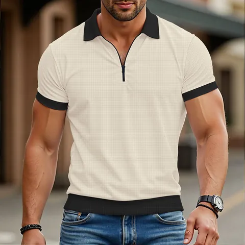 Men's Waffle Knit Polo Shirt Casual Color Block Short Sleeve Top With Zipper Placket Slim Fit Summer Fashion Male Tee