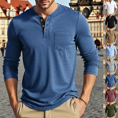 Men's American Vintage Henley Long Sleeve T-Shirt Polyester Solid Color Casual Top With Pocket Retro Style Basic Undershirt