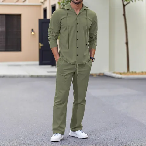 Men's Casual Linen Two Piece Set Loose Hooded Long Sleeve Button Shirt and Drawstring Pants Spring Autumn Cotton Linen Suit