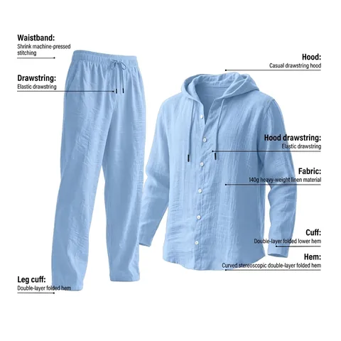 Men's Casual Linen Two Piece Set Loose Hooded Long Sleeve Button Shirt and Drawstring Pants Spring Autumn Cotton Linen Suit