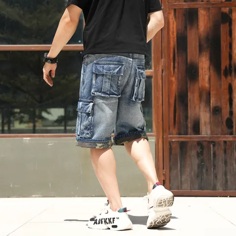 Men Loose Cargo Denim Shorts Multi-Pocket Washed Distressed Streetwear Casual Knee Length Cotton Jean Shorts With Camouflage Hem