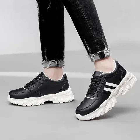 Baskets de Sport Unisexe en Cuir de Vache Respirant Mode Augmentation de Taille Interne Invisible Chaussures Décontractées