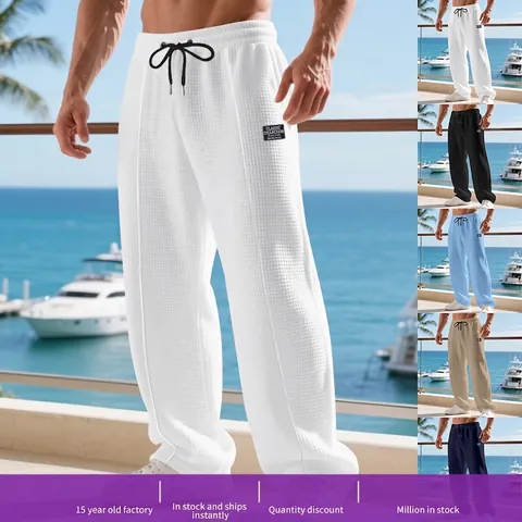 Men's Casual Waffle Texture Straight Leg Pants Loose Breathable Drawstring Sports Trousers Fashion Waffle Knit Bottoms