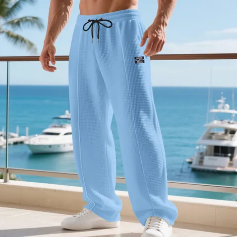 Men's Casual Waffle Texture Straight Leg Pants Loose Breathable Drawstring Sports Trousers Fashion Waffle Knit Bottoms