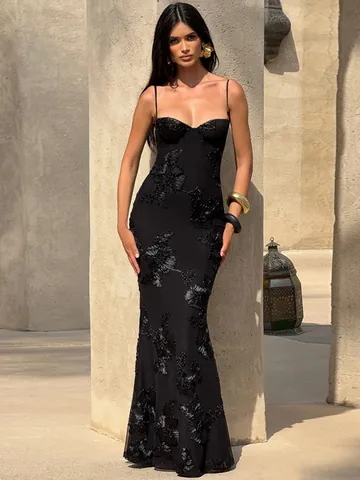 Vestito Maxi Ricamato Floreale 3D da Donna Sexy Senza Schienale Allacciato Spalline Sottili Bodycon Mesh Sirena Per Festa
