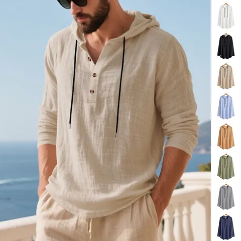 Men's Casual Linen Henley Hoodie Breathable Solid Color Long Sleeve T-Shirt Loose Fit Vacation Beach Wear Pullover Top