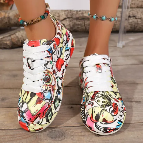 Women Graffiti Printed Chunky Sneakers Platform Lace Up Shoes Round Toe Casual Fashion Streetwear Footwear
