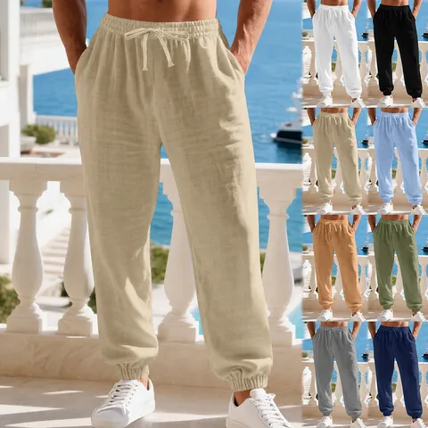 Men's Casual Linen Blend Cuffed Pants Drawstring Loose Beach Trousers Spring Autumn Leisure Joggers