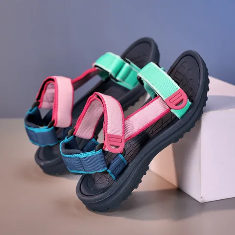 Girls Sandals Lightweight Breathable Synthetic Leather EVA Outdoor Beach Shoes For Kids Cute Bowknot Checkered Striped Sport Sandals