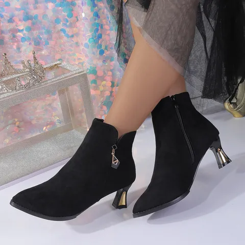 Women's Pointed Toe Stiletto Ankle Boots Suede Mid Heel Side Zipper Solid Color Fashion Short Boots For Autumn Winter Party