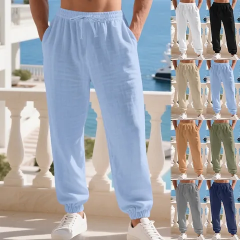 Ανδρικό Casual Παντελόνι Jogger από Λινό Αναπνεύσιμο Μείγμα Βαμβακιού Λινού Μέση με Κορδόνι Μανσέτες Παντελόνι Παραλίας Μονόχρωμο Υφαντό Ελαφρύ