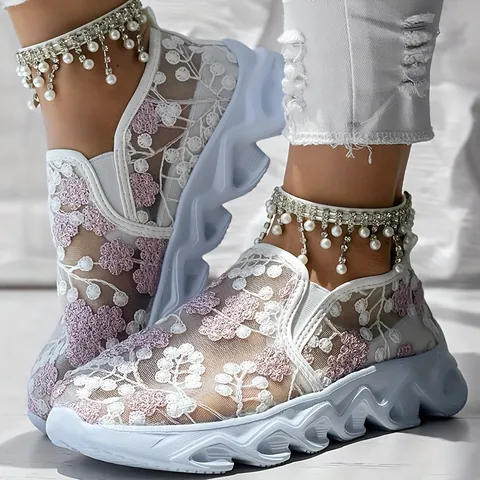 Women's Hollow Mesh Breathable Platform Sneakers Fashion Floral Embroidery Slip On Casual White Shoes Platform Walking Shoes