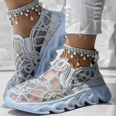 Women's Hollow Mesh Breathable Platform Sneakers Fashion Floral Embroidery Slip On Casual White Shoes Platform Walking Shoes